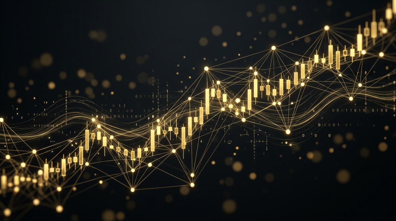AI quant trading visualization with golden candlesticks and neural network nodes on a dark background